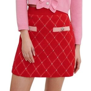 MAJE Jade Diamond Encrusted Rhinestone Mesh Print Knit Wool Embellished Skirt 34